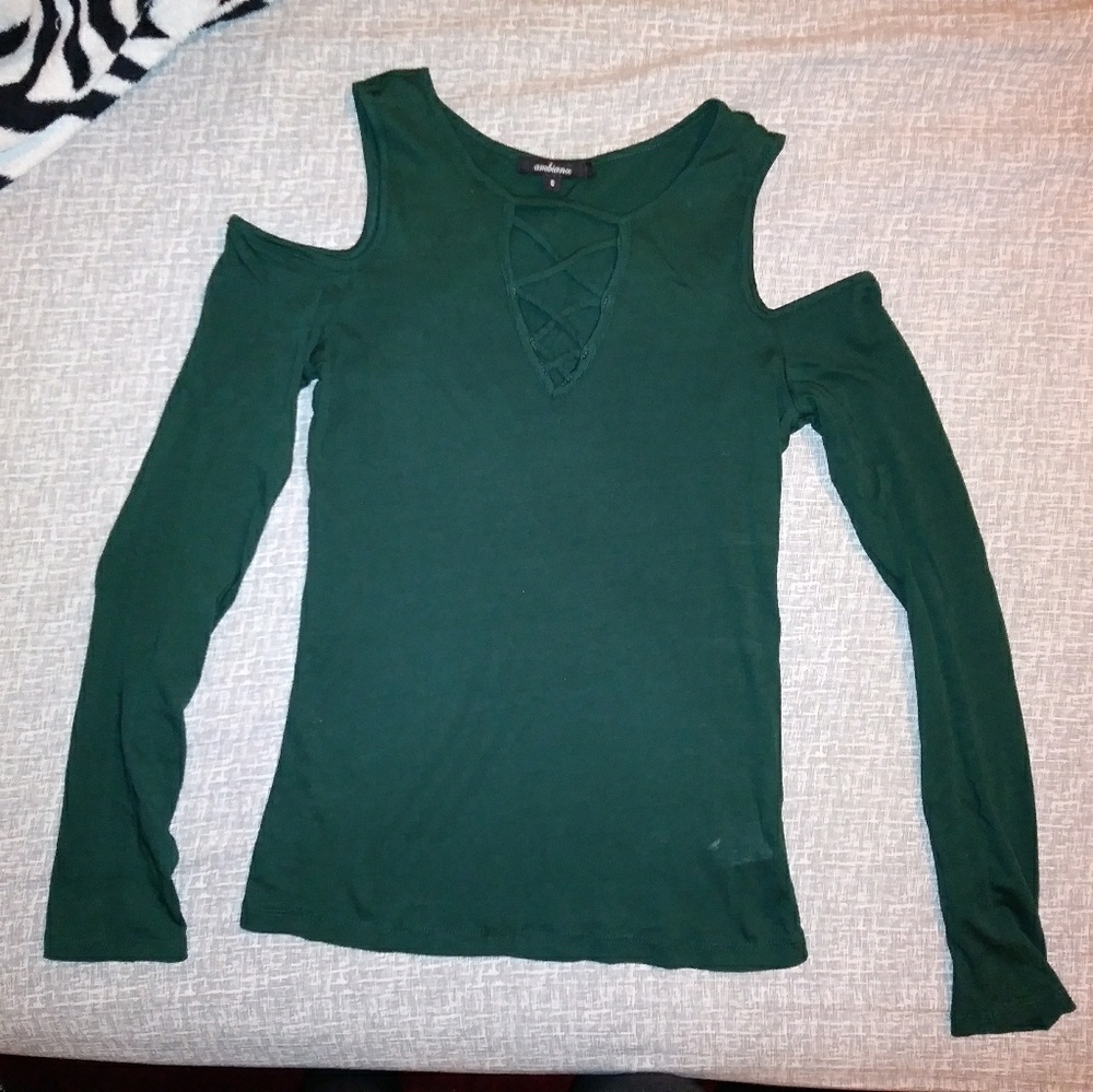 Dark Green Long Sleeve cut off shoulder shirt